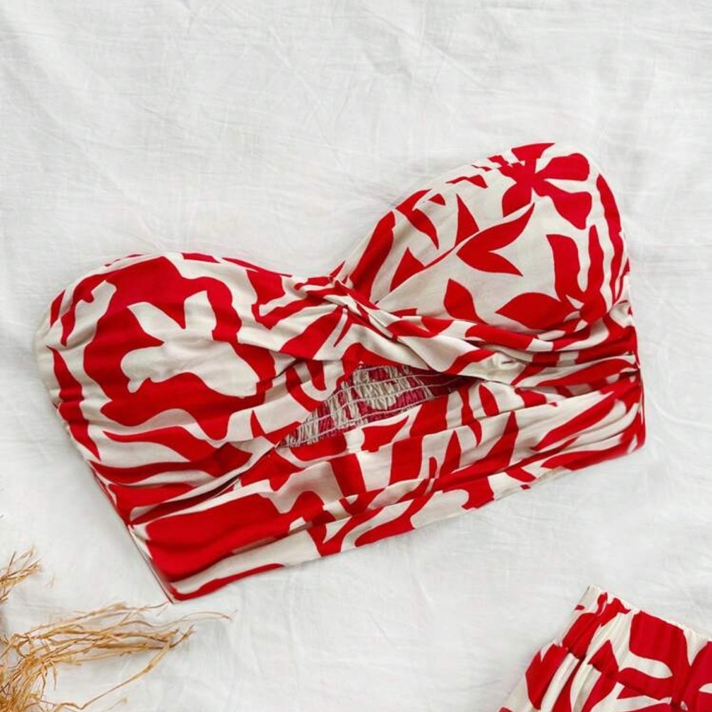 Floral Red and White maxi Skirt tube top cut out outfit set M (4/6) - Picture 4 of 5